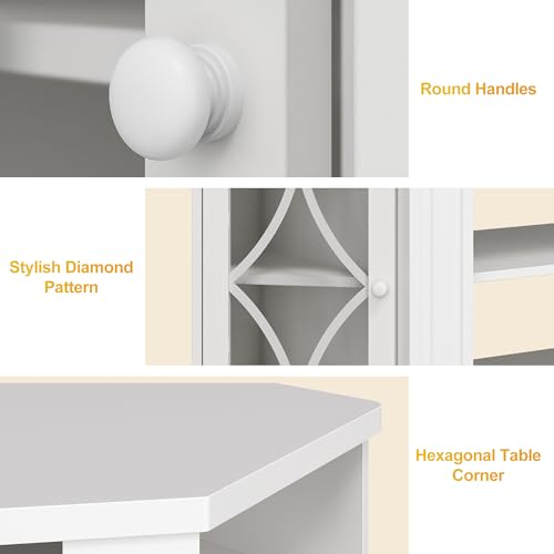 FansaFurn Corner TV Stands with 18'' Fireplace, Media Console Table with Adjustable Shelves & Acrylic Doors, Entertainment Center for TVs up to 55'', Corner Cabinet for Living Room, Bedroom, White FansaFurn