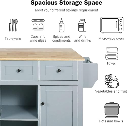 Coolove Kitchen Cart with Rubber Wood Drop-Leaf Countertop,Kitchen Island on 5 Wheels with Storage Cabinet and 6 Drawers for Dinning Room