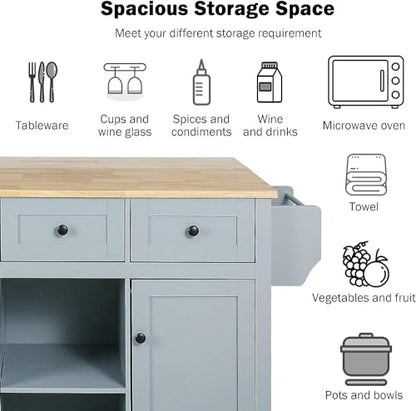 Coolove Kitchen Cart with Rubber Wood Drop-Leaf Countertop,Kitchen Island on 5 Wheels with Storage Cabinet and 6 Drawers for Dinning Room