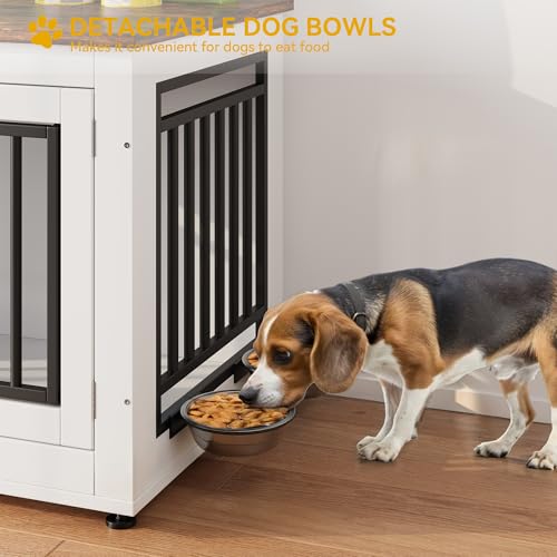 DWVO Dog Crate Furniture with Adjustable Feet & Removable Bowls, 35 Inch Dog Kennel Indoor Furniture End Table for Dogs, Modern Decorative Wooden Cage, Chew-Resistant, White DWVO