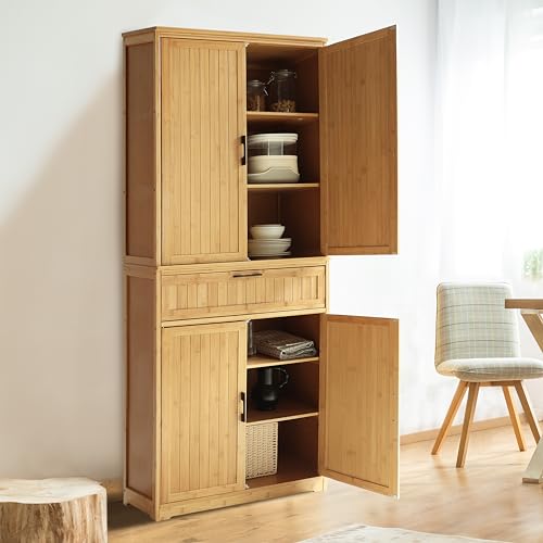 VEIKOU Kitchen Pantry Cabinet Bamboo, 72" Freestanding Kitchen Storage Cabinets with Large Drawer, Tall Enclosed Cupboard with Adjustable Shelves, Natural Color - WoodArtSupply