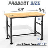 WALMANN Heavy Duty Adjustable Height Workbench 47.75" x 23.25", Rubber Wood Top Work Table for Garage, Workshop, 2000 lbs Load Capacity WALMANN