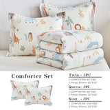 Joyreap 3pcs Cotton Queen Size Comforter Set for Kids Boys Girls, Zoo Theme Animals White n Brown Design, Soft n Cozy 3 Pieces Bedding Comforter Set for All Season- 88x88 inches Joyreap