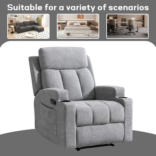 CANMOV Manual Recliner Chair with Massage & Heat,Soft Fabric Recliner Chair with Overstuffed Armrest & Backrest, Manual Reclining Single Sofa with 2 Cup Holders, Side Pocket for Living Room,Light Grey