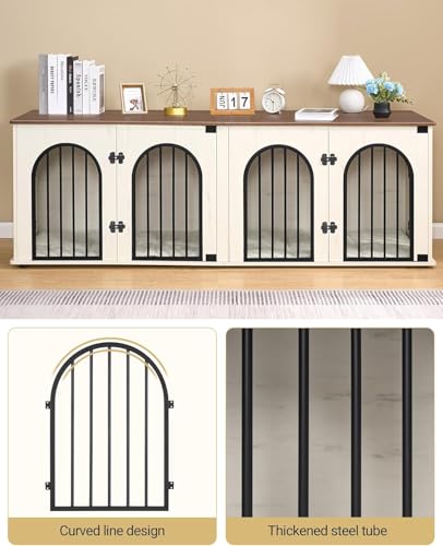 Hzuaneri 71" Dog Crate Furniture for 2 Dogs, Heavy Duty Indoor Dog Kennel TV Stand, XL Wooden Dog Cage with Divider for Medium Large Dogs, End Table Dog Crate with Cushion, White Brown DFC81914B Hzuaneri