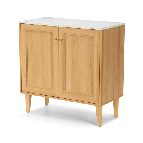 EYYTHUNG Storage Cabinet Sideboard Buffet Cabinet, Modern Accent Cabinet with Faux Marble Top & Adjustable Shelves, Wooden Credenza, Console Table Entryway Cabinet for Living Room, Oak - WoodArtSupply