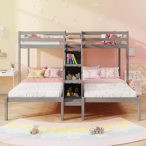 KOTEK Triple Bunk Bed with Stairs, Twin Over Twin & Twin Bunk Bed Frame with Guardrail & Storage, Wooden Bunkbeds for 3 Kids Teens, No Box Spring Needed (Grey) KOTEK