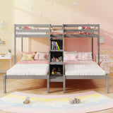 KOTEK Triple Bunk Bed with Stairs, Twin Over Twin & Twin Bunk Bed Frame with Guardrail & Storage, Wooden Bunkbeds for 3 Kids Teens, No Box Spring Needed (Grey) KOTEK