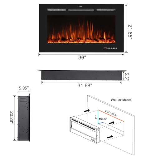 36'' Smart Electric Fireplace Inserts, Recessed & Wall Mount Electric Heater and Linear Fireplace with APP& Touch Screen &Remote Control, 62-99°F Temperature, Hard Wired & Plug in Benrocks
