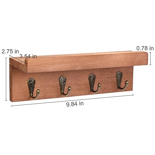 HRONRAD Rustic Key Holder for Wall, Farmhouse Wall Shelf with 4 Hooks, Wall Mounted Key Racks, Wooden Mail Organizer with Hooks for Entryway (Brown - Oak) HRONRAD