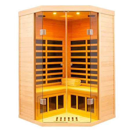 2-3 Person Low EMF FAR Infrared Sauna, Hemlock 2 Door Luxury Toughened Glass Indoor Saunas for The Home, 1520w, App & LCD Panel Control, Bluetooth Speakers, Chromotherapy Lights, Reading Lights KUNSANA