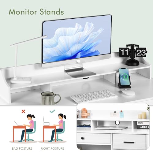 Catrimown Computer Desk with Storage Drawers and Hutch, 44 Inch Home Office Desks with 4 Drawers & Monitor Stand for Small Space, Small White Desk Writing Table Study Desks for Bedroom, White Catrimown