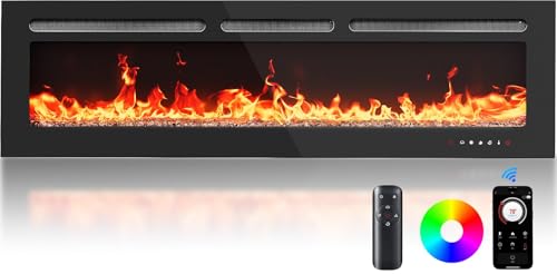Silonn 60″Smart Electric Fireplace Heater with App & Remote Control, 5300 BTU Heat Output, Ultra-Slim Wall-Mounted or Recessed Electric Fireplace Inserts with Timer, 20 Flame Colors,WiFi Enabled Silonn