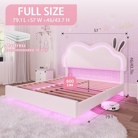 AMERLIFE Floating Full Bed Frame with Adjustable RGB LED Headboard, Leather Upholstered Platform Bed for Kids/Girls,Wood Slats Support, No Box Spring Needed, Easy Assembly, White AMERLIFE