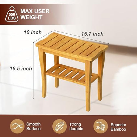 oridom Bamboo Shower Bench Stool with Storage Shelf, Waterproof Shower Chair Spa Bath Seat, Shower Stool for Inside Shower, Bathroom Bench Seat for Adults Elderly Seniors for Indoor or Outdoor Use oridom