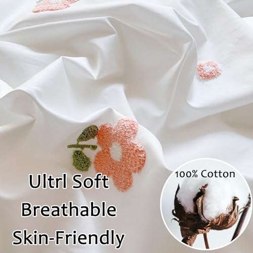 MorroMorn Twin Duvet Cover Cotton, 3D Embroidery Twin Bedding Sets, Cute Chenille Embroidered Comforter Covers Summer Blanket Soft Dry Sweat-Absorb for Girls Kids Teen (Flowers White, Twin/Twin XL) MorroMorn