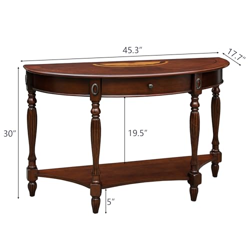 MODERION Solid Wood Console Table with Drawer, Semi-Circle Entryway Storage Shelf, Half-Moon Carvings Side Elegant Vintage Sofa for Living Room,Blank Wall Walnut SFZ1533WD-DR Brown 47.7*18*30.2 MODERION