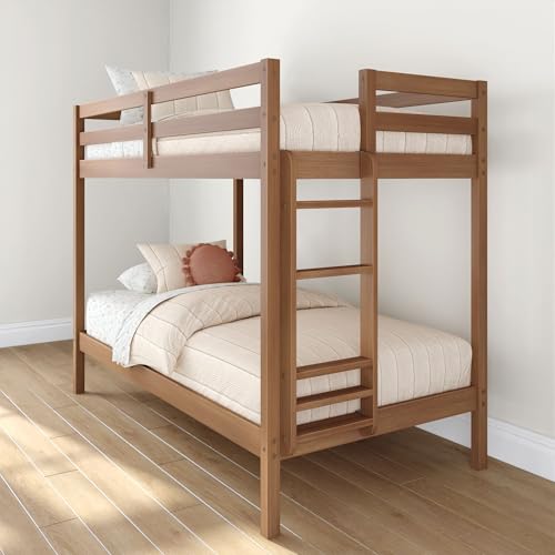 Grain & Grove Bear Twin Over Twin Bunk Bed, Sturdy Bunk Bed Frame for Kids, Plywood Bunk with Ladder, Guardrail, and Slats, No Box Spring Required, Oak Embossed Pecan Grain & Grove