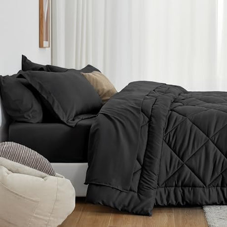 Love's cabin Twin Comforter Set Black, 5 Pieces Twin Bed in a Bag, All Season Bedding Sets with 1 Comforter, 1 Flat Sheet, 1 Fitted Sheet, 1 Pillowcase and 1 Pillow Sham Love's cabin