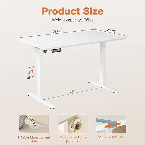 Sweetcrispy Electric Standing Desk Adjustable Height, 40x24 Inch Sit Stand Up Home Office Desks Computer Workstation PC Work Table with 3 Memory Preset Splice Wood Board Metal Frame, White Sweetcrispy