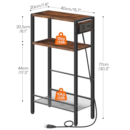 HOOBRO 15.7" Narrow Console Table with Charging Station, 3 Tier Entryway Table for Small Space, Behind Couch Table, Sofa Table, for Entryway, Hallway, Living Room, Rustic Brown and Black BF42UXG01 HOOBRO
