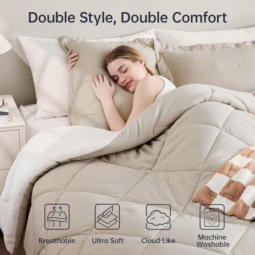 JOLLYVOGUE King Size Comforter Set, Soft Reversible Bedding for All Seasons, 3 Pieces Down Alternative Bed Set Includes 1 Lightweight Comforter (104"x90") and 2 Pillow Shams (20"x36"), Beige & Ivory JOLLYVOGUE