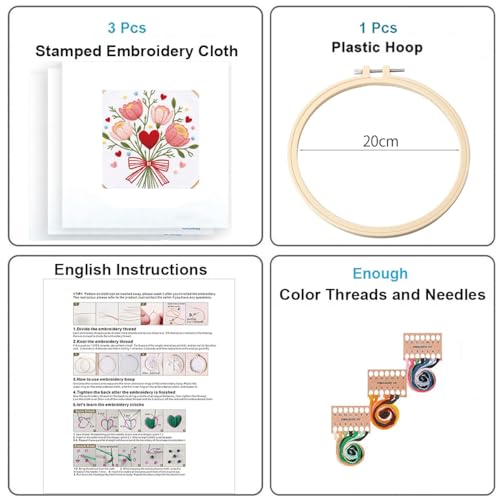 Konrisa 3pcs Love Flower Embroidery Kits for Beginners Adults, DIY Sewing Needlepoint Cross Stitch Kits for Anniversary Valentine's Day, Brithday, Christmas and Home Decoration