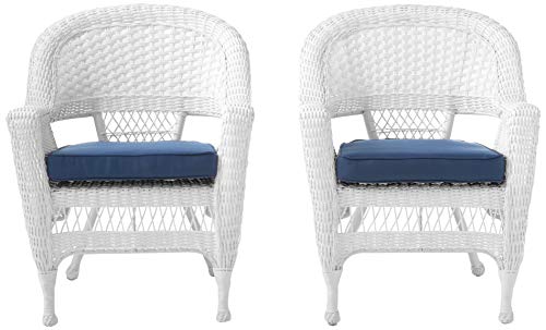 Jeco Wicker Chair with Blue Cushion, Set of 2, White/W00206- Jeco