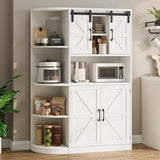 Vabches Farmhouse Pantry Cabinet, Kitchen Pantry Storage Cabinet with Sliding Door, Rustic Buffet Sideboard with Microwave Stand, Freestanding Cupboard with Shelves for Dining Room, White Vabches