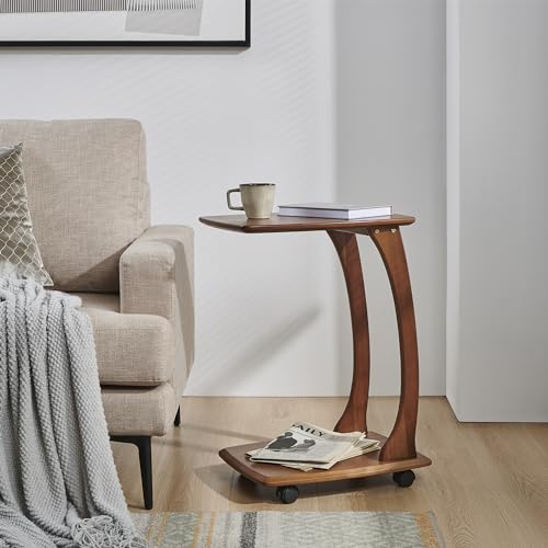COZYMATIC Emerson Solid Wood End Table with Rolling Wheels, C Shaped Side Table, TV Tray Table, Couch Table That Slide Under for Small Space, Living Room, Bedroom (Walnut)-Small COZYMATIC