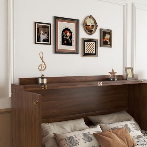 KEIKI Queen Size Murphy Bed Cabinet with Power Station & Large Drawer, Pine Wood Folding Chest Bed with Rattan Panel, Space-Saving Wall Bed, Walnut KEIKI
