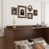 KEIKI Queen Size Murphy Bed Cabinet with Power Station & Large Drawer, Pine Wood Folding Chest Bed with Rattan Panel, Space-Saving Wall Bed, Walnut KEIKI