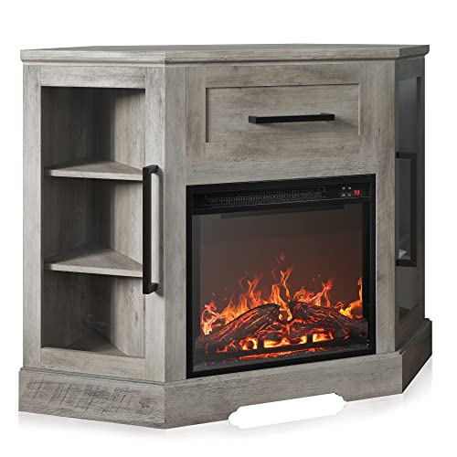 BELLEZE 43" Corner TV Stand with 18" Electric Fireplace Heater for TVs up to 43", Modern Corner Wood Entertainment Center with Glass Door Storage Cabinets - Dale (Grey Wash) BELLEZE
