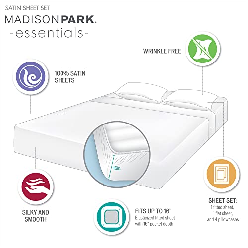 Madison Park Essentials Satin Sheet Set Luxury and Silky with Natural Sheen, Elastic 14" Pocket fits up to 16" Mattress, All Around Elastic - Year-Round Bedding, Full, Ivory, 6 Piece Madison Park