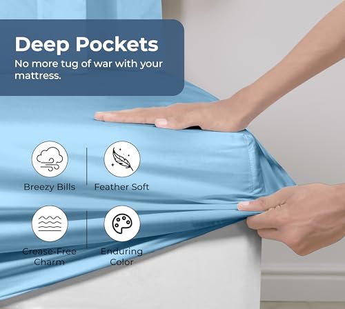 Royale Linens 100% Organic Cotton Fitted Sheet - Percale Weave - Super Soft Deep Pocket Bottom Sheets - Lake Blue Elastic Sheet Twin Size - Twin Fitted Sheets Only - (39"x75"+15", Lake Blue) ROYALE LINENS