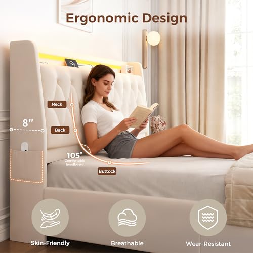 Queen LED Velvet Bed Frame with 2 Storage Drawers&Hidden Headboard, Upholstered Platform Bed with Charging Station&Button Tufted Design, Wooden Slats Support, Box Spring Optional, Easy Assembly, Beige Jocoevol