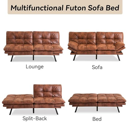 AMICLIBER 71" Convertible Futon Sofa Bed,Brown Faux Leather Futon Couch,Memory Foam Reclining Sleeper Sofa Bed,Modern Folding Small Loveseat Couches for Living Room,Office,Apartment AMICLIBER