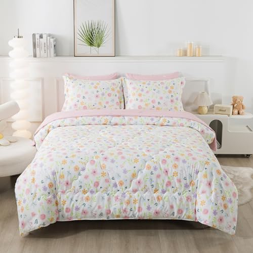 Wajade Floral Comforter Set Bed in A Bag Full Size 7 Piece Botanical Flower Green Leaves Rabbits Bedding Set for Girls (1 Comforter, 1 Flat Sheet, 1 Fitted Sheet, 2 Pillowcase and 2 Pillow Sham) Wajade