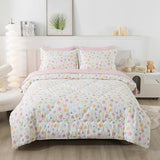 Wajade Floral Comforter Set Bed in A Bag Full Size 7 Piece Botanical Flower Green Leaves Rabbits Bedding Set for Girls (1 Comforter, 1 Flat Sheet, 1 Fitted Sheet, 2 Pillowcase and 2 Pillow Sham) Wajade