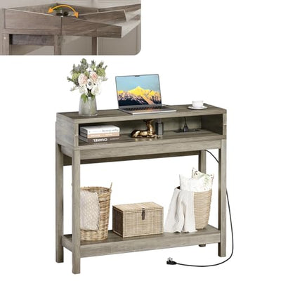 REDAYFUR Console Table with Charging Station, 38” Narrow Side Foldable Sofa Table with Shelves, Side Table with Charging, Entryway Table with Anti-Tip Design,Rustic,Rustic Gray