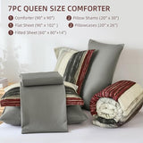 WONGS BEDDING Red King Size Comforter Set, 7 Pieces Striped Bed in a Bag Comforter and Sheet Set, Boho Lightweight Microfiber King Bedding Set for All Season (104" x 90")