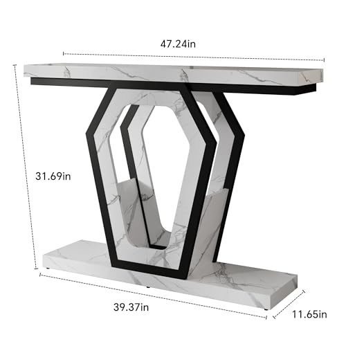 FUSUNBAO 47.3" Console Table,Openwork Bracket Sofa Table, Wood Narrow Entryway Table for Hallway, Behind The Couch, Living Room, Foyer, Easy Assembly（White Marble Texture） FUSUNBAO