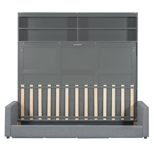 LZ LEISURE ZONE Queen Size Murphy Bed, Wooden Queen Murphy Bed with Sofa, Cushion and Shelves, Gray LZ LEISURE ZONE