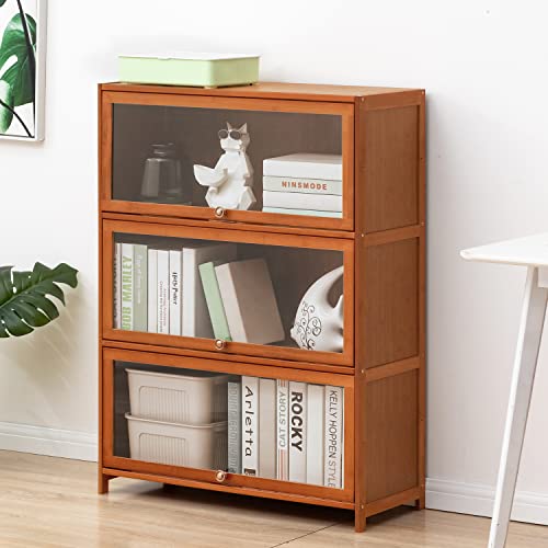 MoNiBloom 3-Tier Bamboo Bookshelf with Acrylic Doors - Freestanding Storage Unit for Living Room, Office, and Bedroom, Brown - WoodArtSupply