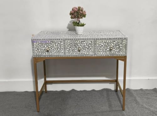 Bone Inlay Console Table with Gold Base, Gray and White Floral Pattern, 3 Drawers, Handcrafted Traditional Design Generic