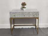Bone Inlay Console Table with Gold Base, Gray and White Floral Pattern, 3 Drawers, Handcrafted Traditional Design Generic