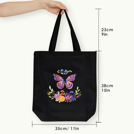 ERKOON Canvas Tote Bag Embroidery Kit for Beginners, Needlepoint Arts Crafts Cross Stitch Kits for Adults Including Stamped Embroidery Bag with Hoops, Needle, Instruction and Color Threads (Butterfly) ERKOON
