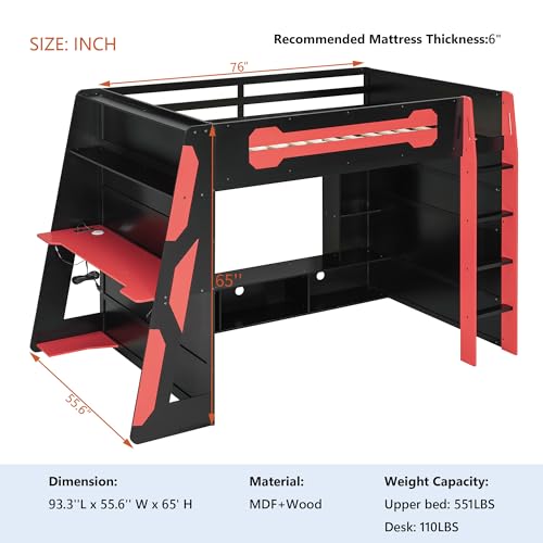 Polibi Wood Full Size Gaming Loft Bed with Desk and Shelf,Bed Frame with LED Light,USB Ports and Storage Cabinet,Red Polibi