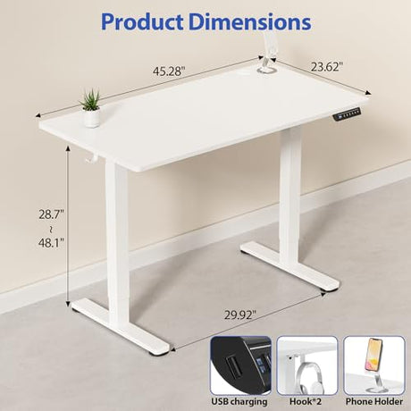 YESHOMY Height Adjustable Electric Standing Desk, 46 x 24 Inches Memory Home Office Sit Stand up Desk with Phone Holder and USB Charging Port, White YESHOMY