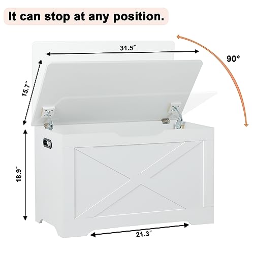 Timberer Storage Chest, Wooden Storage Bench, Entryway Shoes Bench with 2 Safety Hinges, Retro Storage Trunk for Living Room, Bedroom, 15.7 x 31.5 x 18.9 Inches, White Timberer